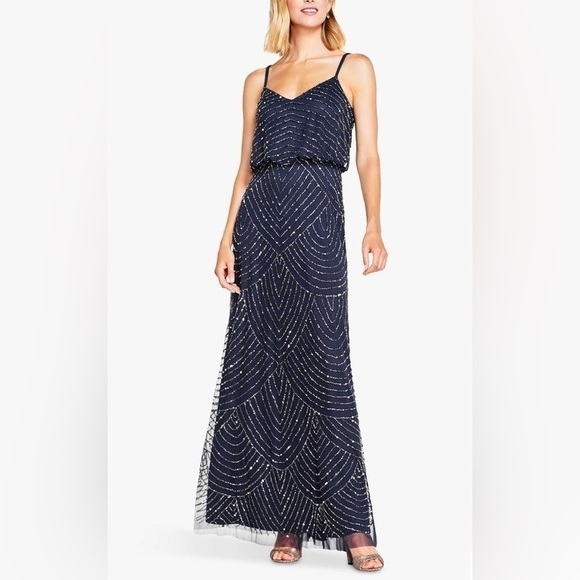 Nwt Adrianna Papell Spaghetti Strap Beaded Blouson Ball Gown in Gunmetal - Picture 1 of 12